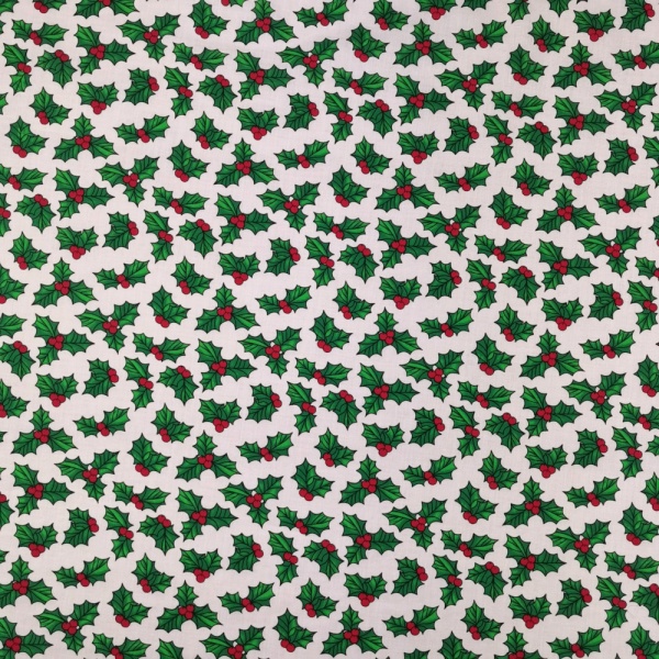 Christmas Polycotton HOLLY ON WHITE